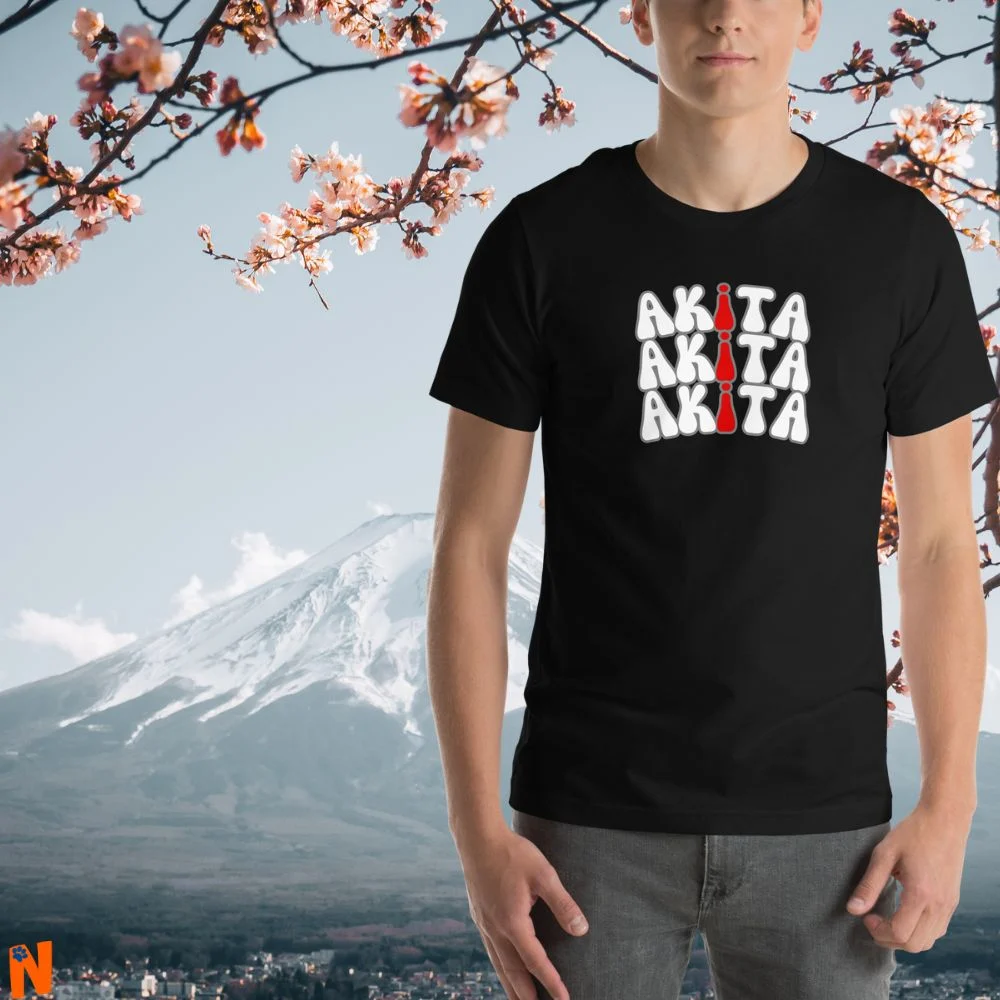 Camiseta (t-shirt) perro Akita en letras del color de la bandera del Japón, sobre una foto del Monte Fuji