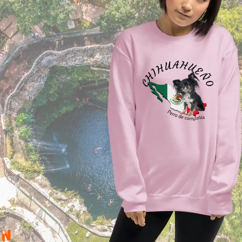 Mujer con un sudadera (sweatshirt) color rosado con la foto de un perro Chihuahueño (Chihuahua) de pelo largo, color negro, sobre el mapa de México, con el nombre de su raza en letras grandes color negro, de fondo la foto de un Cenote, de esos que se consiguen al sur en Yucatán o Quintana Ro