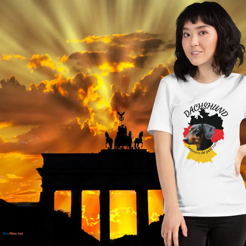 Foto de un perro Dachshund, Teckel o Tejonero de pelo corto, de color negro y fuego, sobre el mapa de Alemania, en una camiseta (t-shirt) de color blanco