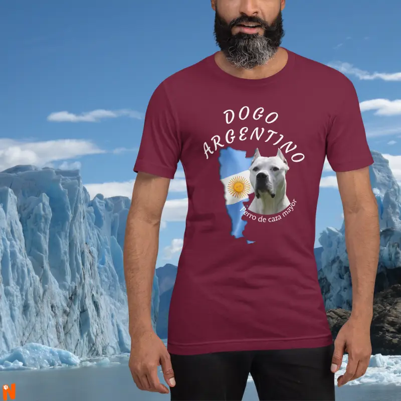 Hombre vistiendo una camiseta (t-shirt) color vino con la foto en el pecho del perro Dogo Argentino con el mapa de Argentina y su nombre en letras grandes, sobre una foto de fondo del glaciar Perito Moreno.