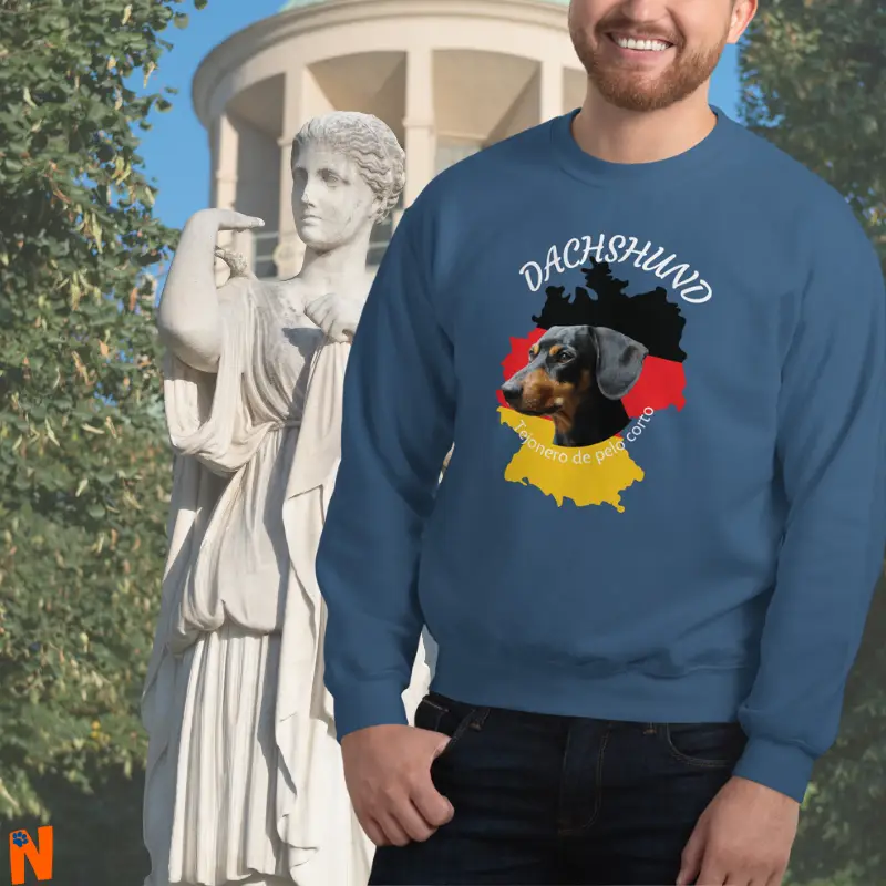 Foto de un perro Dachshund, Teckel o Tejonero de pelo corto, de color negro y fuego, sobre el mapa de Alemania, en un suéter, sudadera o sweatshirt de color azul