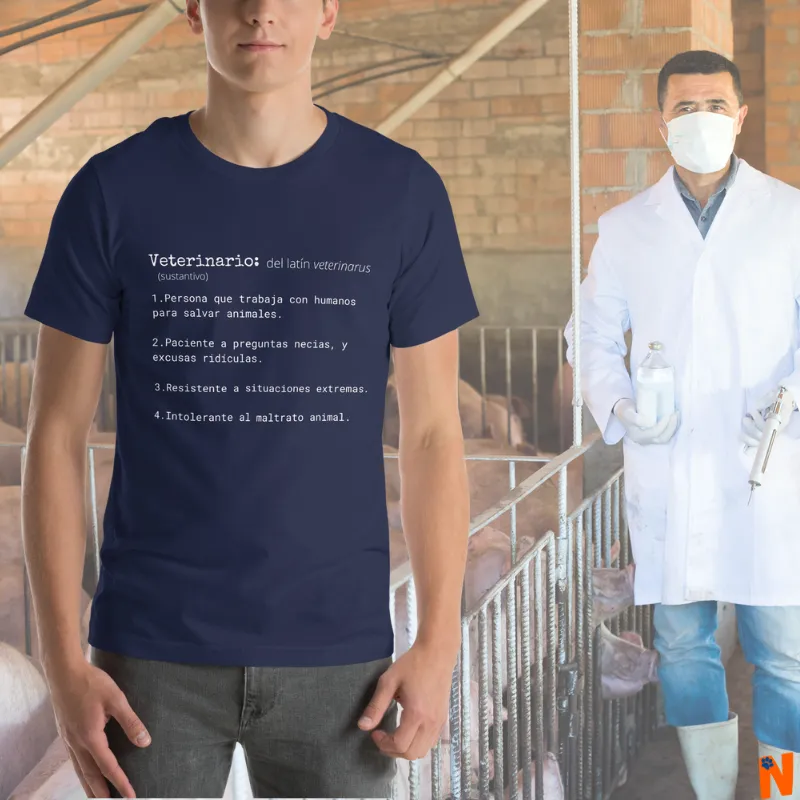 Camiseta (t-shirt) que tiene un texto con el significado de la palabra Veterinario según un veterinario y no como lo dice el diccionario